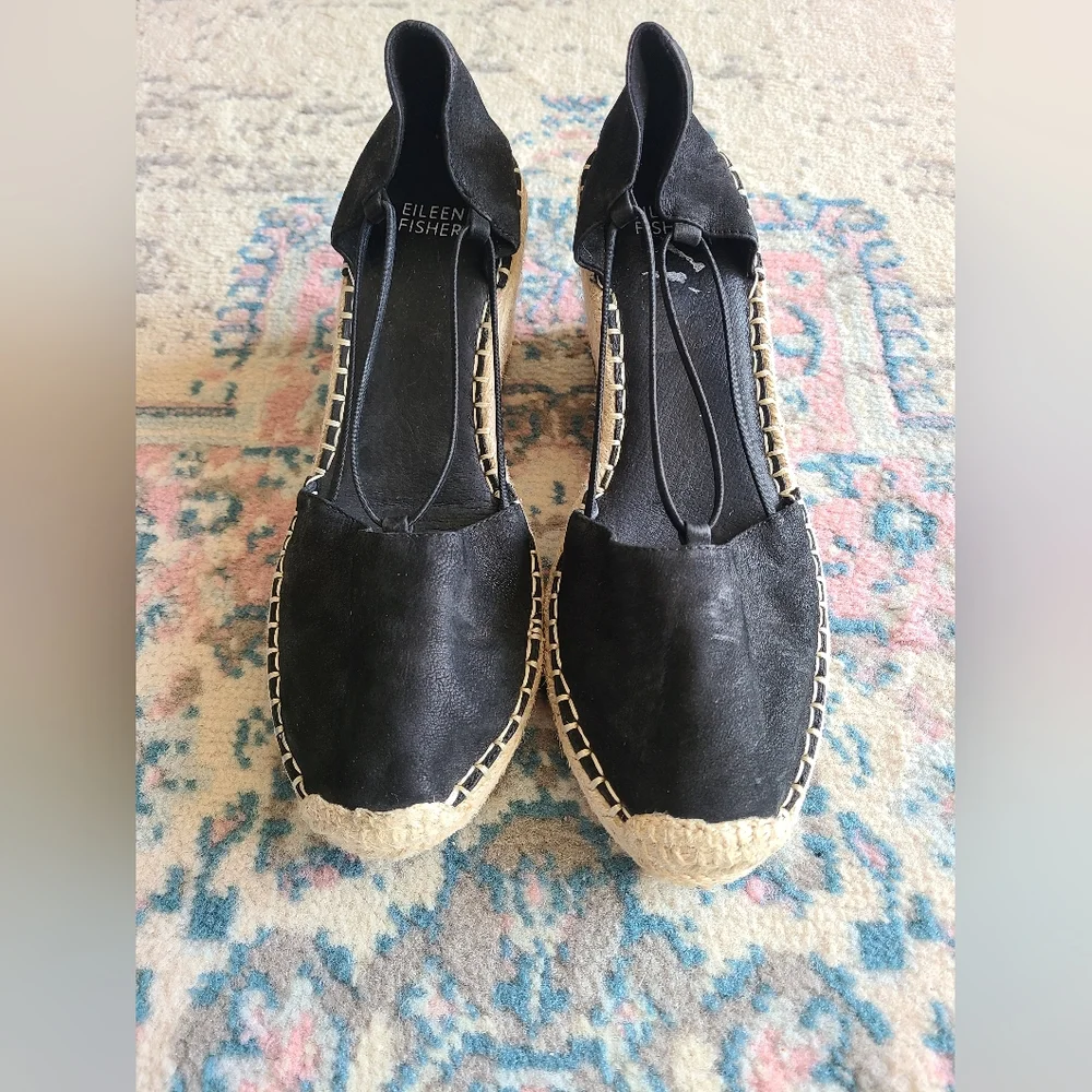 Eileen Fisher Yasmin Espadrille Wedge Shoes Women's 9 Black‎ Leather Strappy